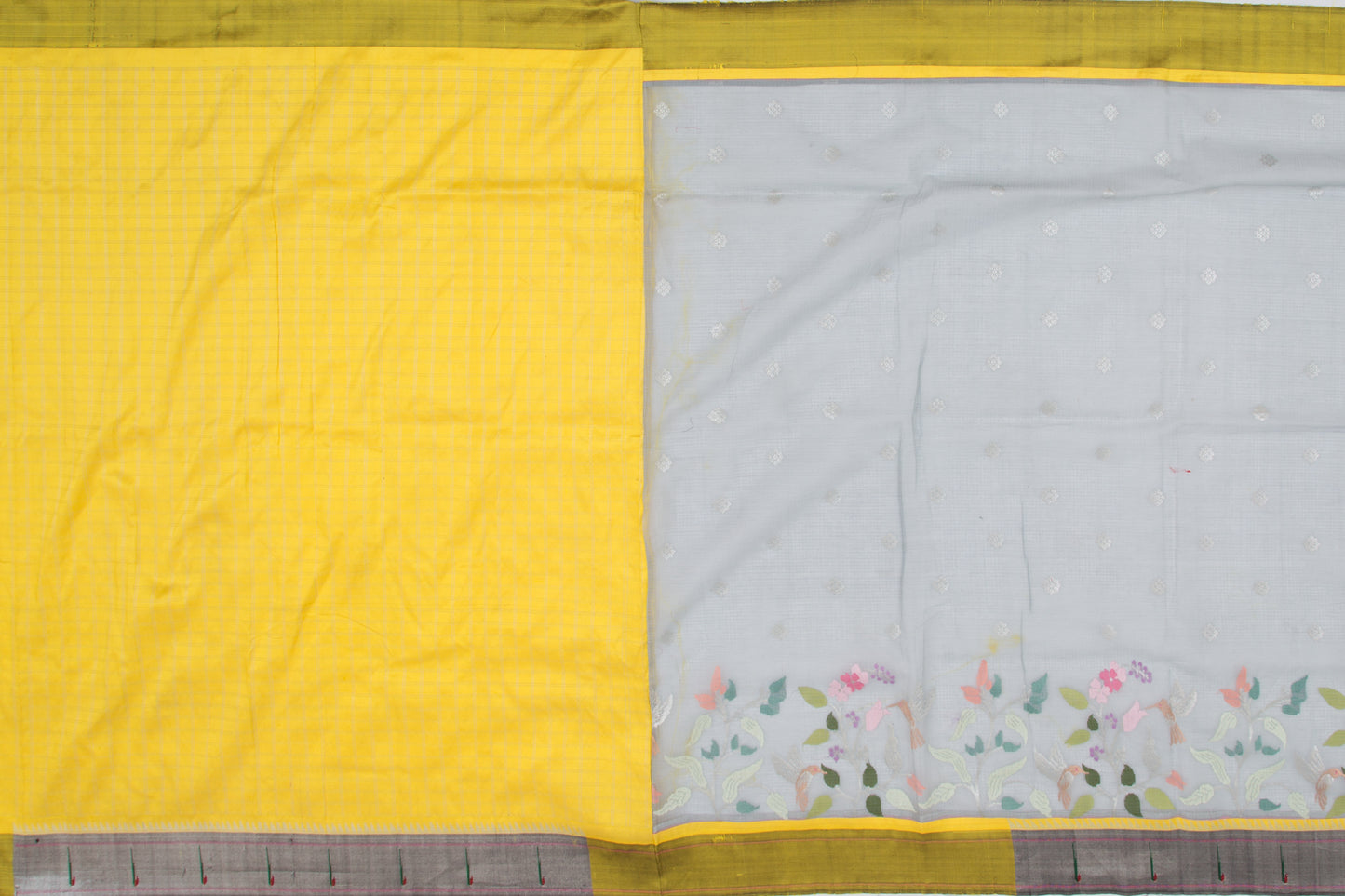 Kota Silk Butta Grey Saree With Attached Paithani Border