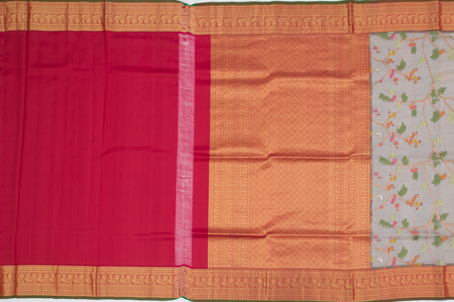 Kota Silk Jamdani Grey Saree With Attached Kanchi Border