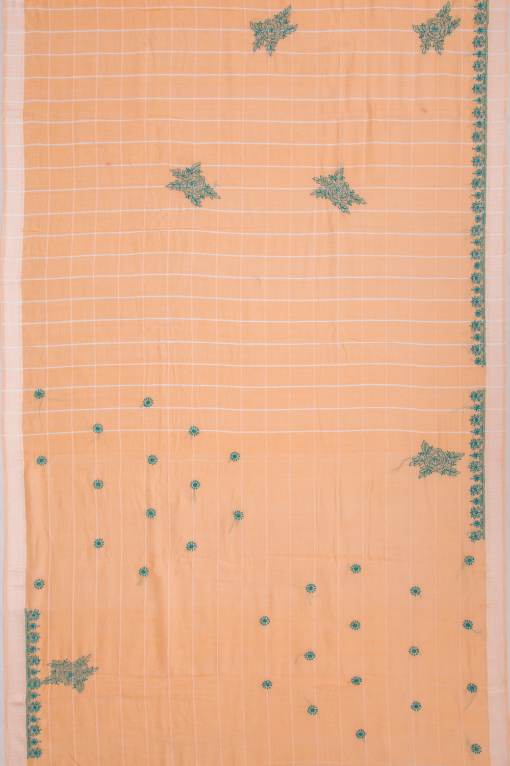 Maheshwari Silk Checks And Chikankari Butta Pastel Orange Saree