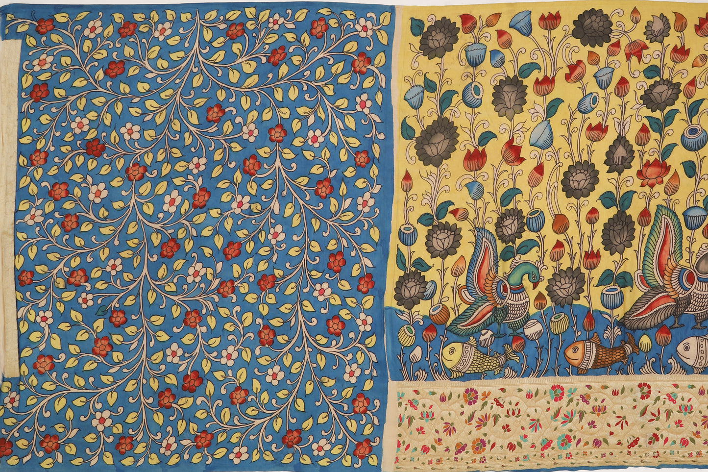 Banarasi Tussar Georgette Kalamkari Hand Painted Yellow Saree