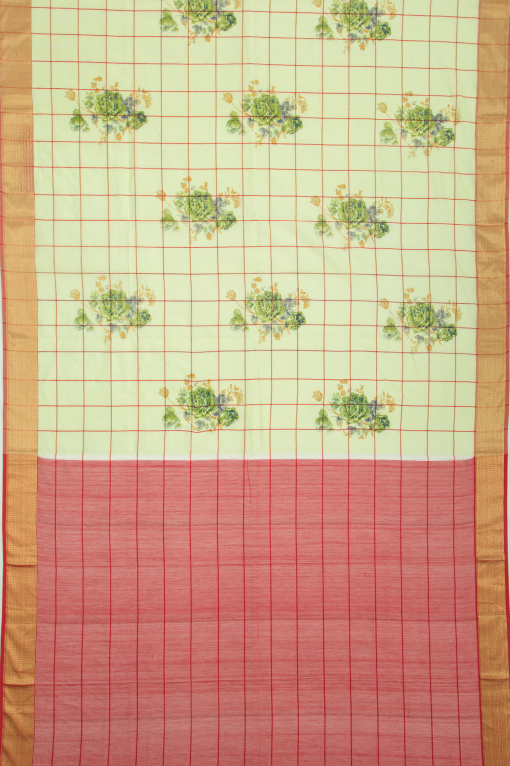 Chanderi Cotton Floral Printed And Checks Green Saree