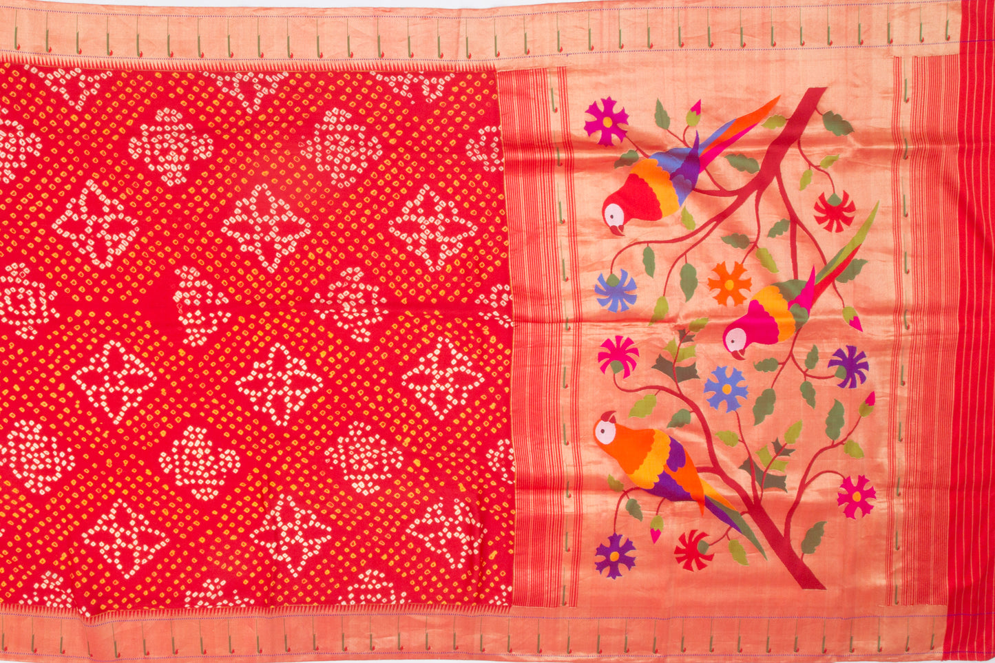 Bandhani Silk Red Saree with Attached Paithani Border