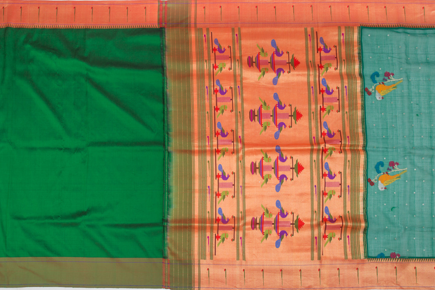 Kota Silk Butta Dark Green Saree With Attached Paithani Border