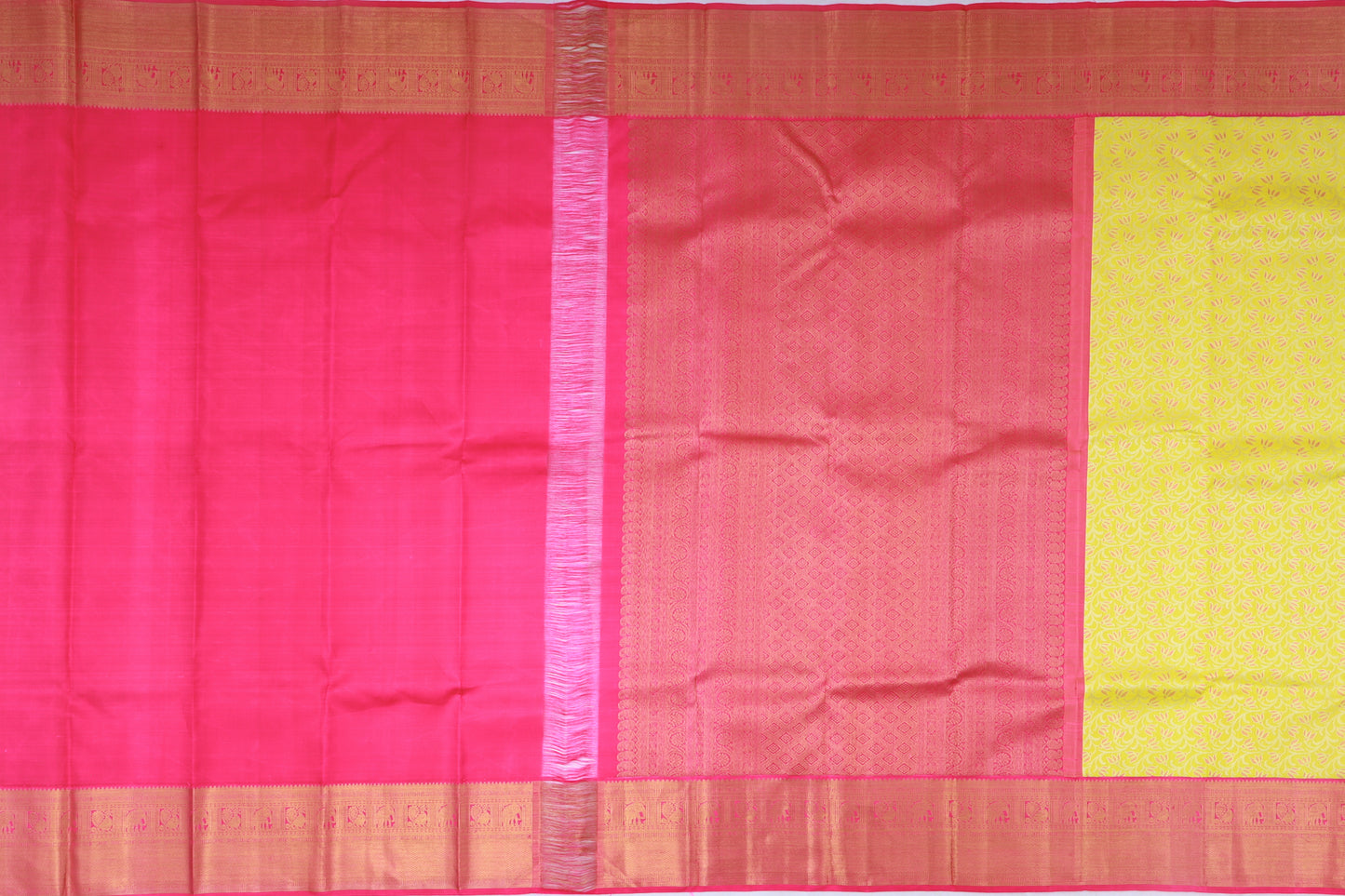 Kanchipuram Silk Jaal Neon Yellow Saree DM