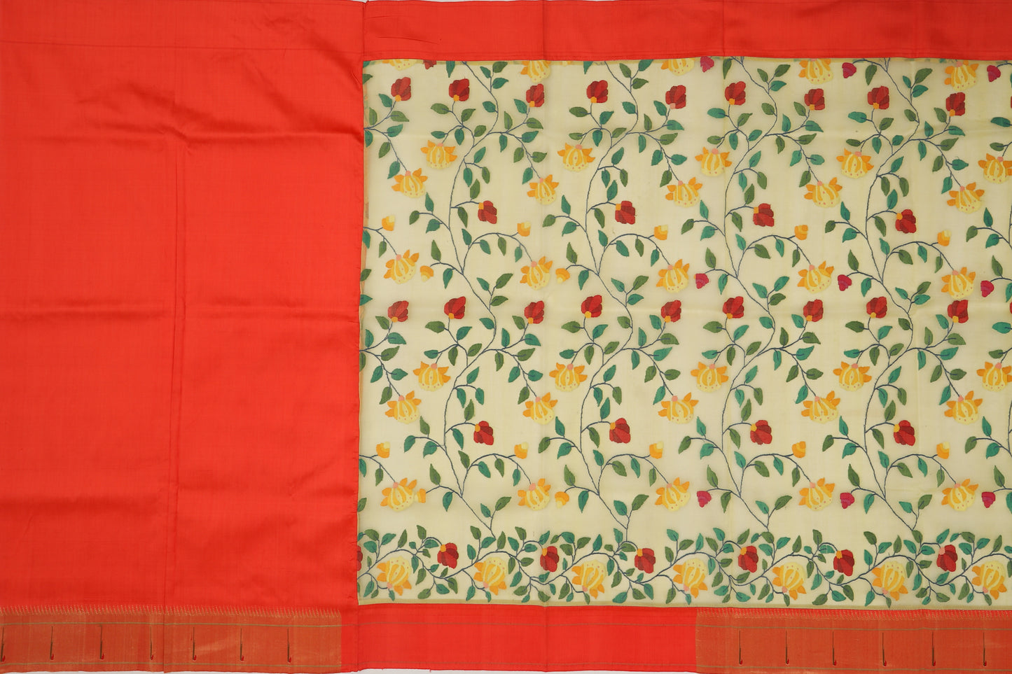 Dhakai Kora Jamdani Lemon Yellow Saree With Attached Paithani Border