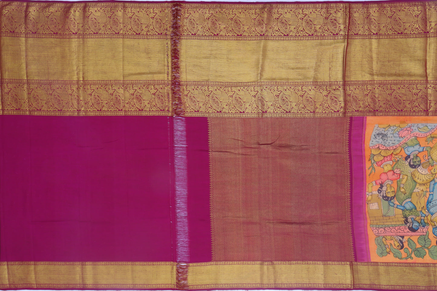 Kanchipuram Silk Kalamkari Hand Painted Orange Saree