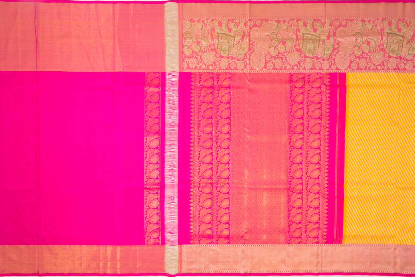 Kanchipuram Silk Diagonal Lines Brocade Yellow Saree