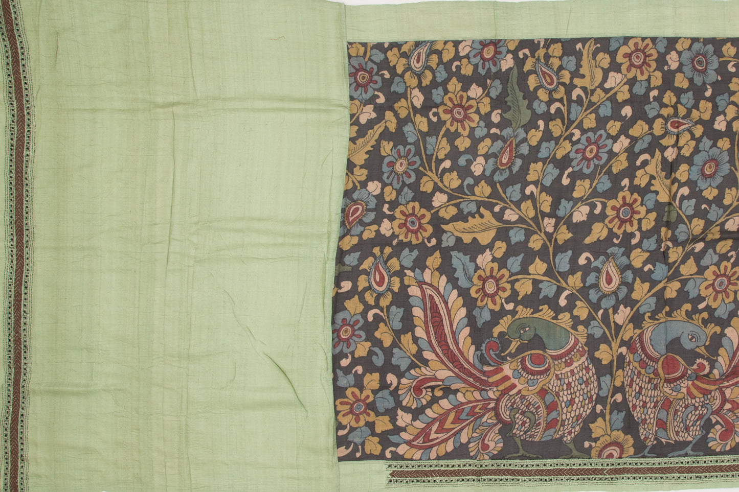 Tussar Kalamkari Hand Painted Black Saree With Attached Kantha Border