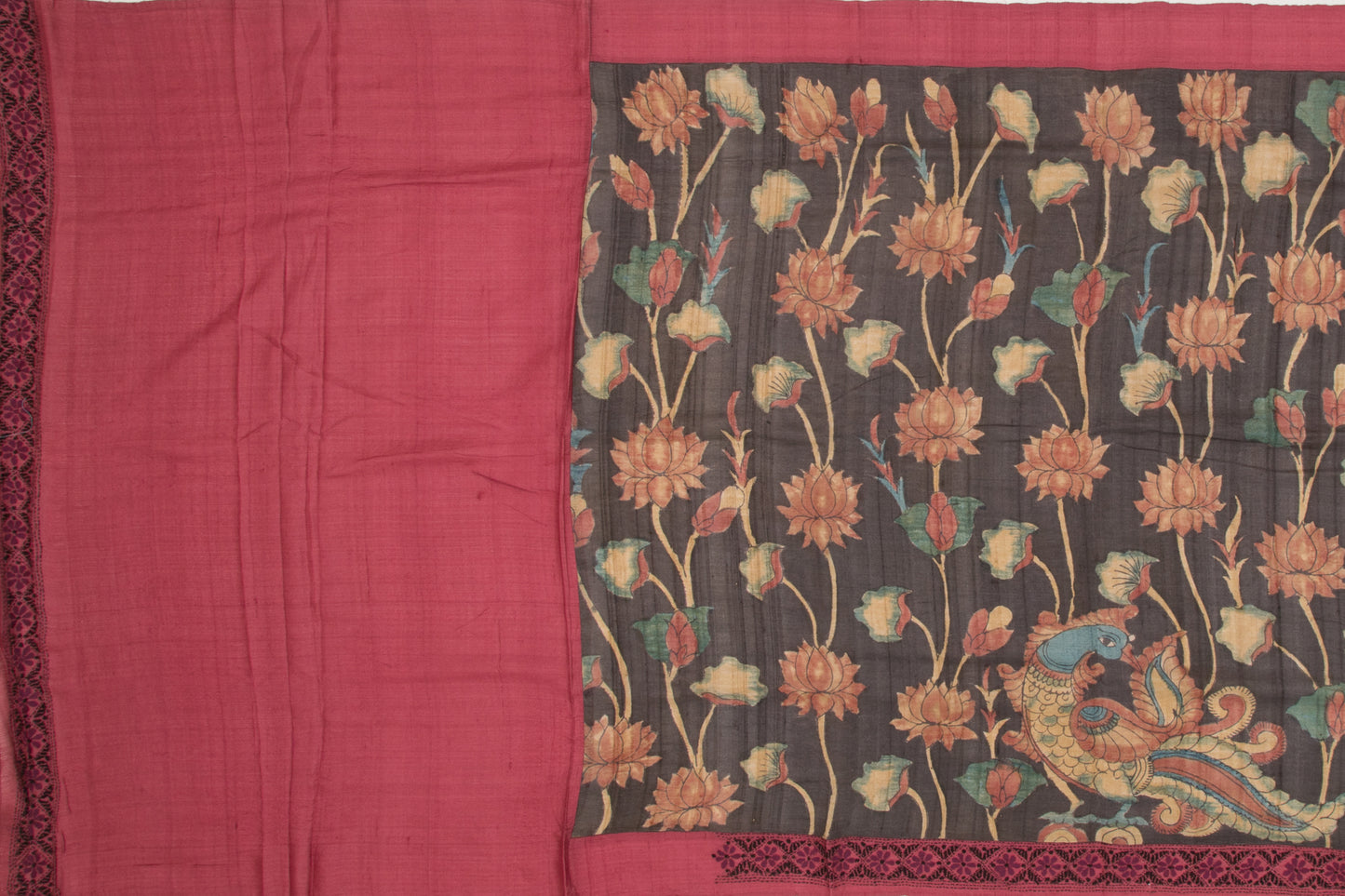 Tussar Kalamkari Hand Painted Brown Saree With Attached Kantha Border