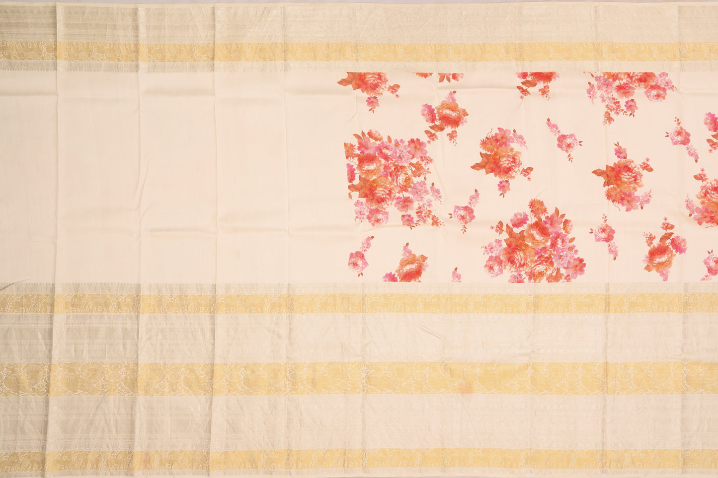 Kanchipuram Silk Floral Printed Cream Saree