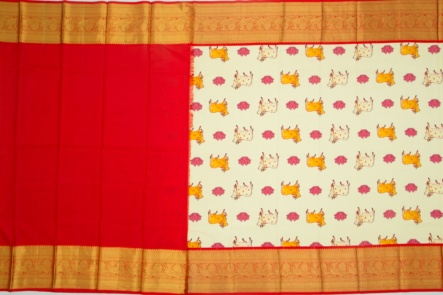 Kanchipuram Silk Hand Printed Pastel Yellow Saree