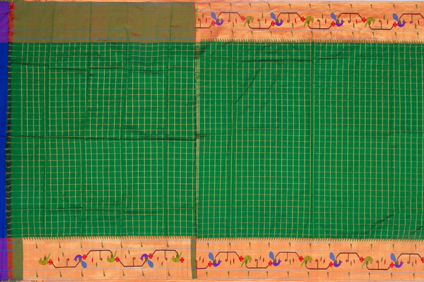 Paithani Silk Checks Green Saree With Akruthi Border
