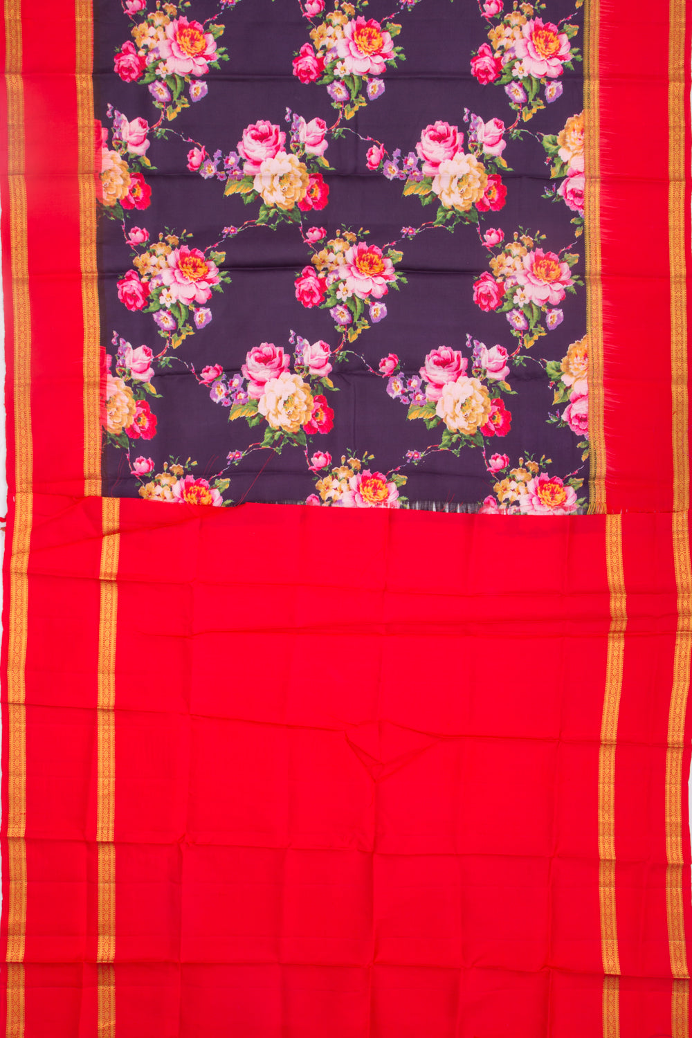 Kanchipuram Silk Floral Printed Dark Blue Saree