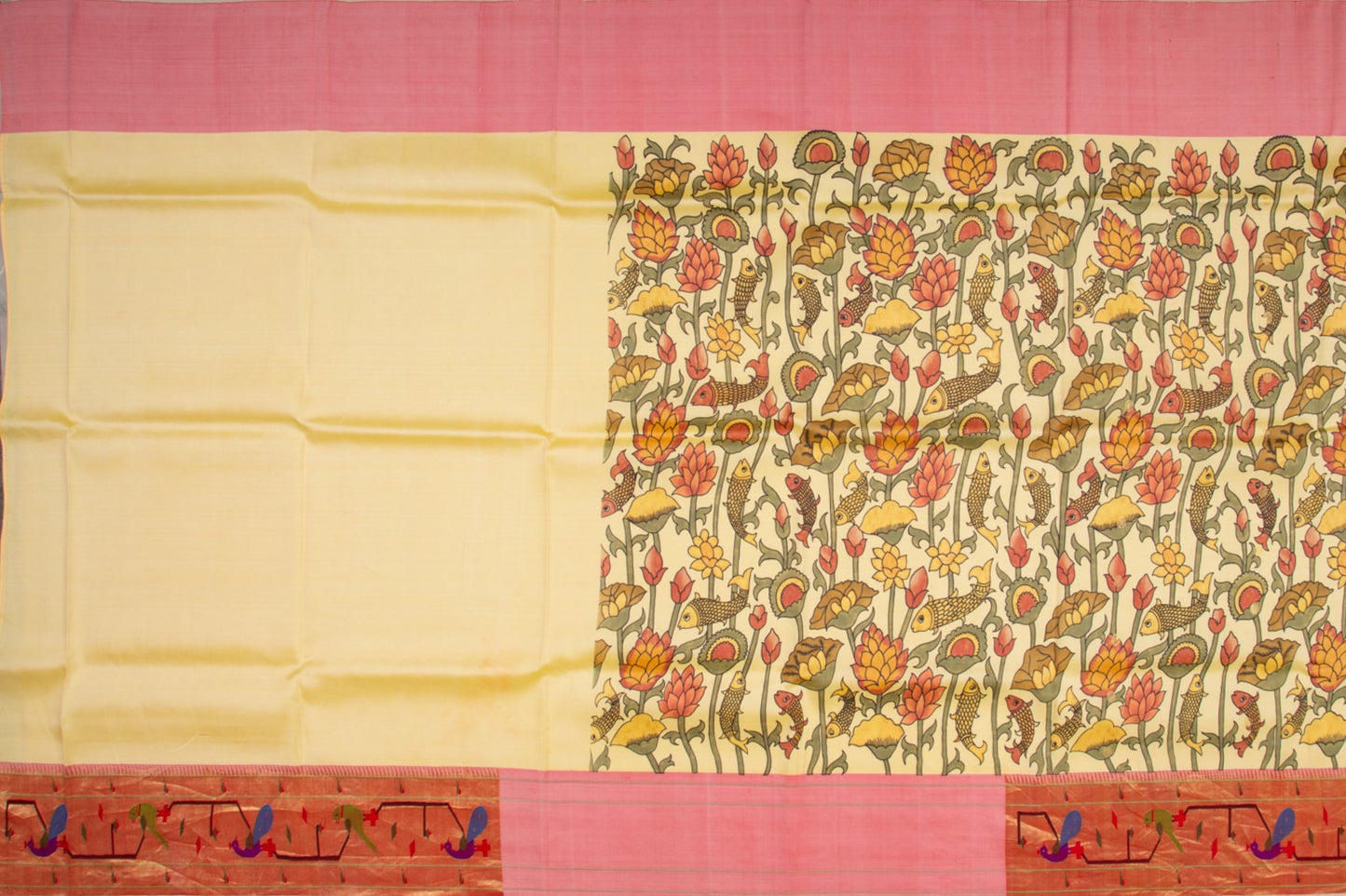Paithani Silk Floral Printed Pale Yellow Saree With Akrithi Border