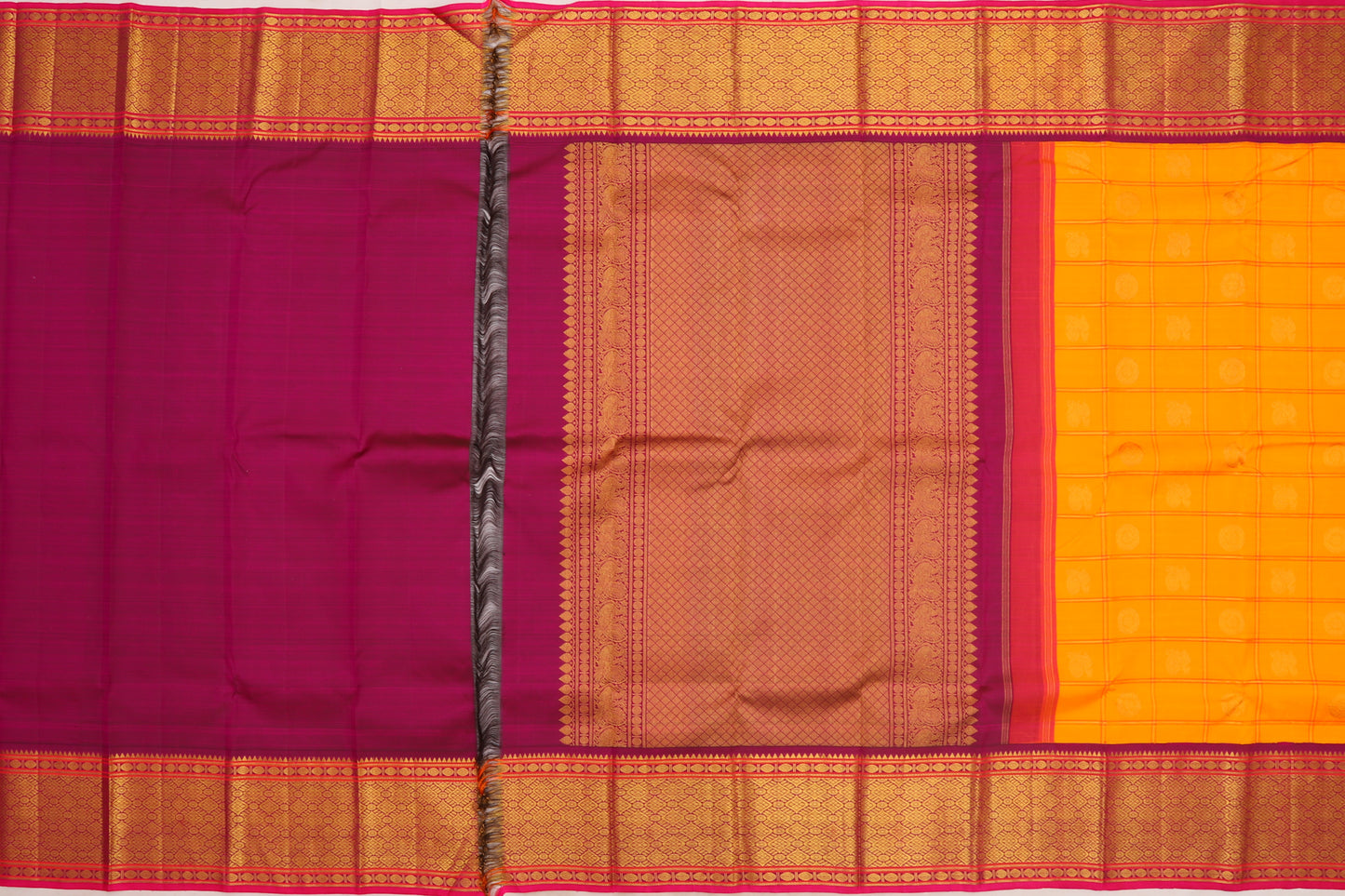 Kanchipuram Silk Checks And Butta Orange Saree