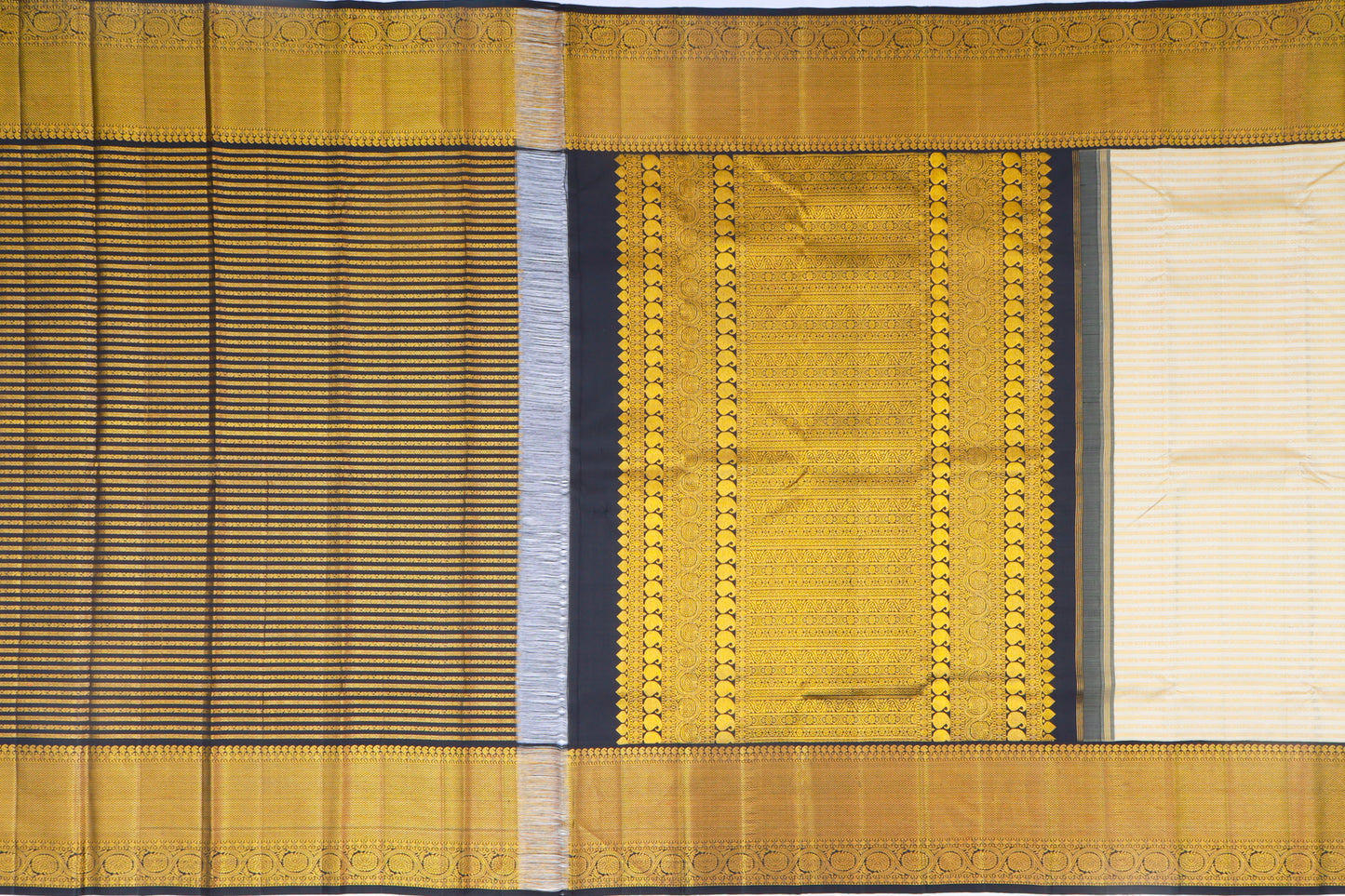 Kanchipuram Silk Horizontal Lines Off White Saree