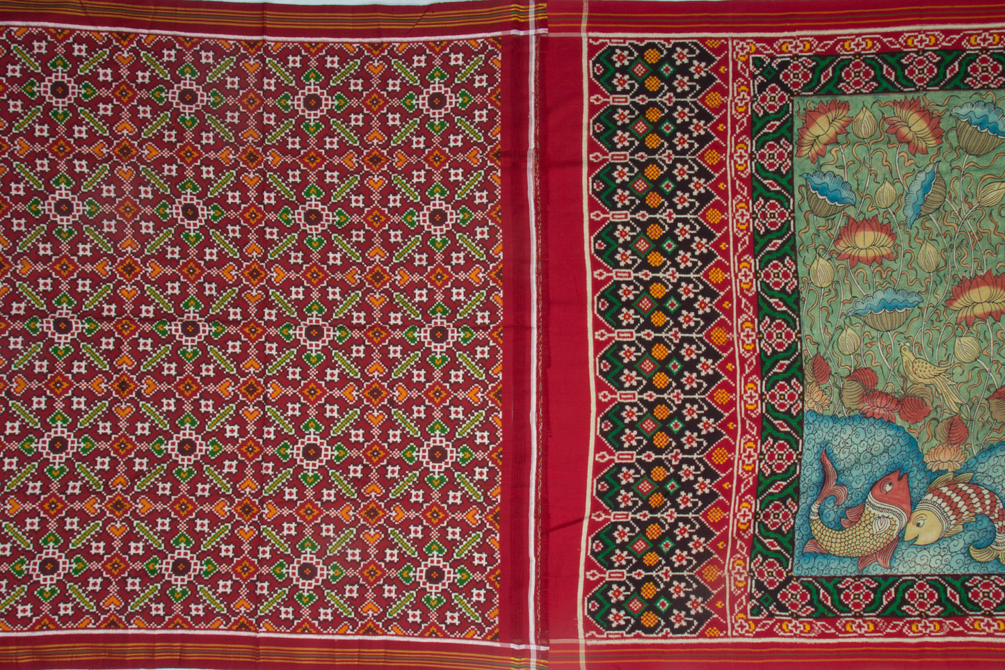 Patan Patola Silk Ikat Kalamkari Sea Green Saree
