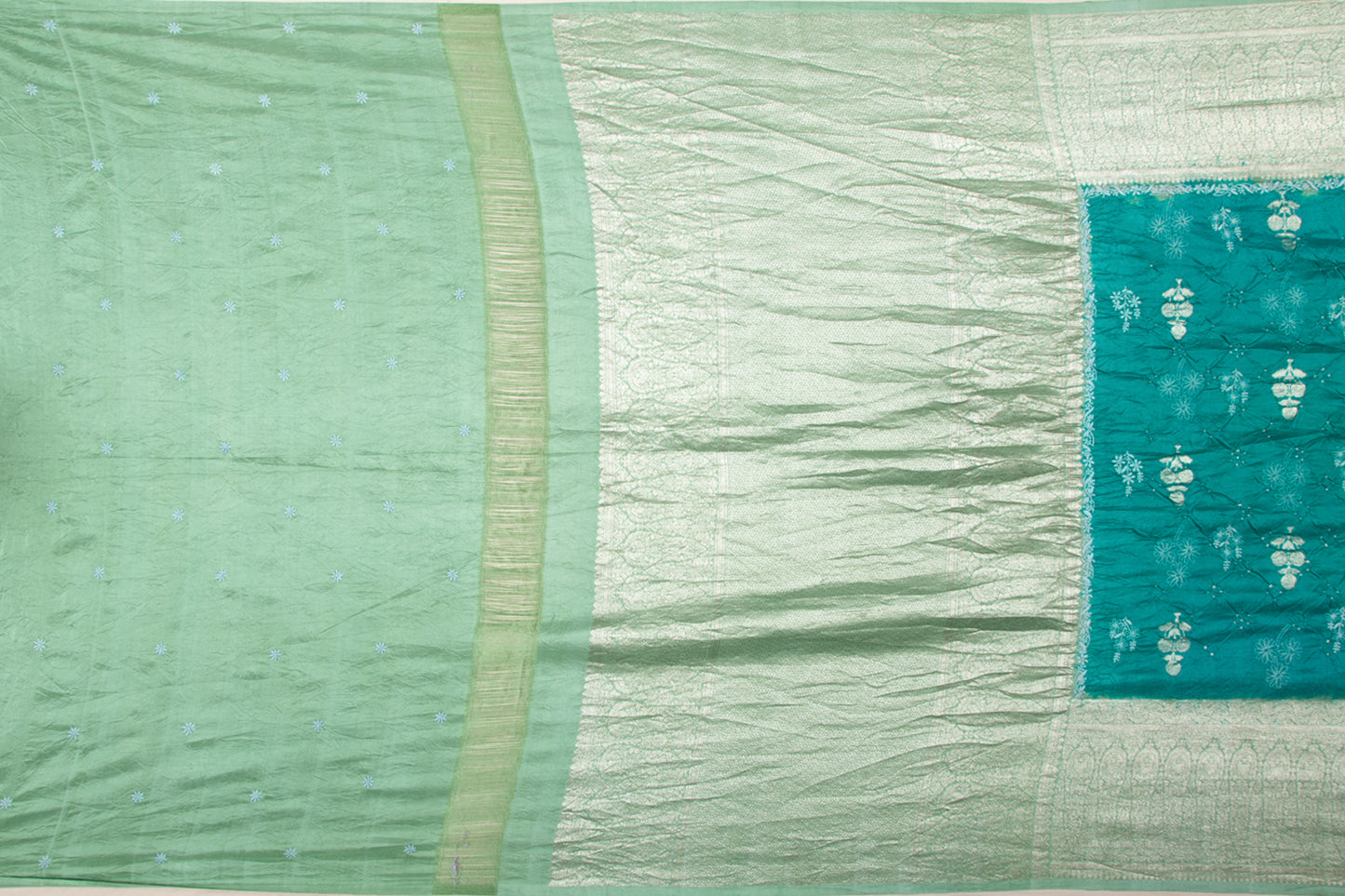 Kanchipuram Silk Bandhani Butta Teal Green Saree