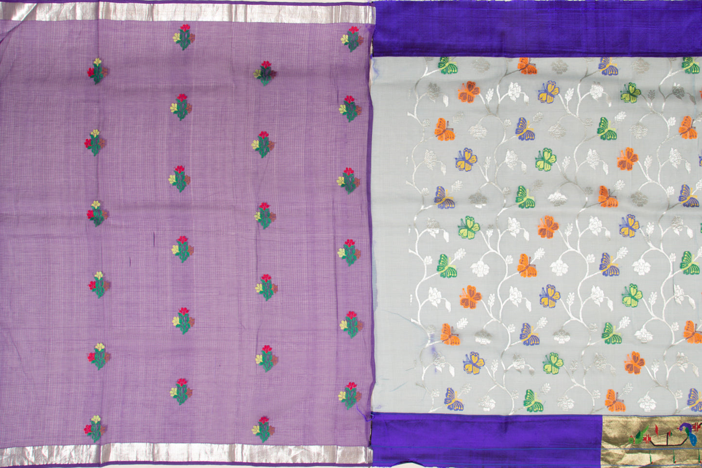 Kota Silk Jamdani Grey Saree With Attached Akruthi Paithani Border