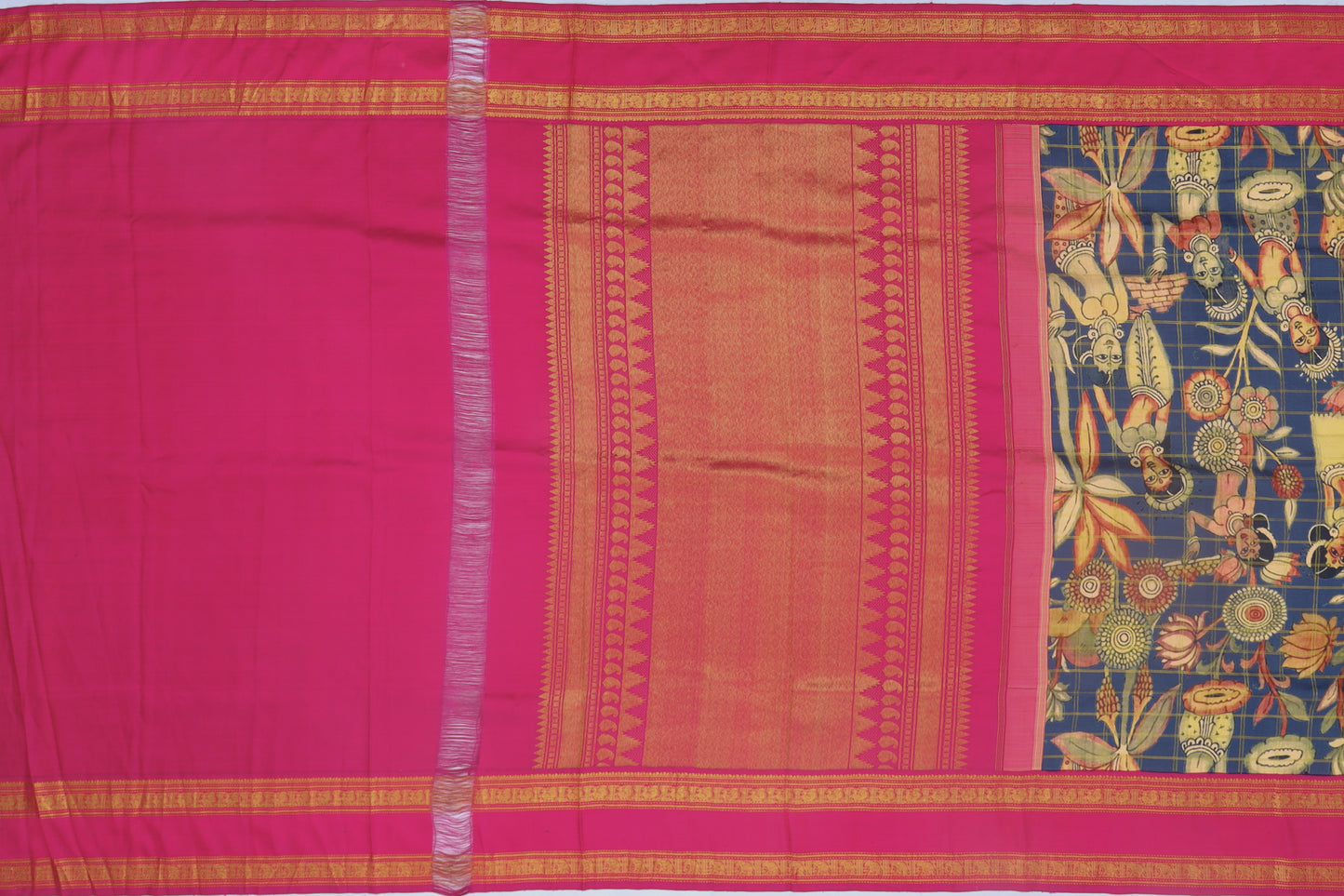 Kanchipuram Silk Checks And Printed Blue Saree