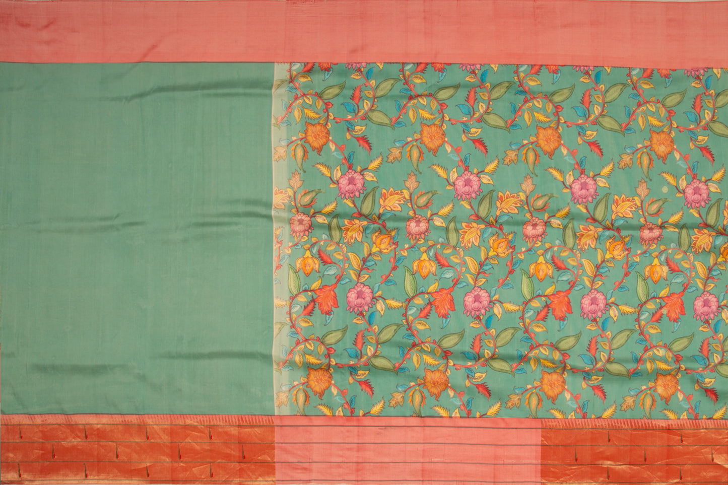 Paithani Silk Floral Printed Green Saree WIth Triple Muniya Border