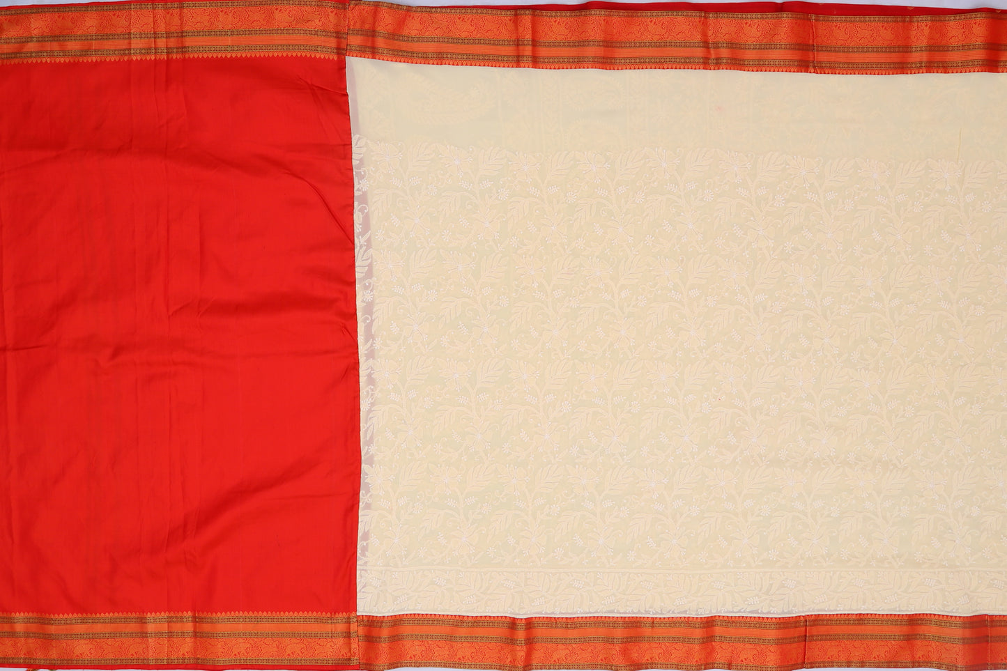 Lucknow Chikankari Georgette Cream Saree With Attached Kanchi Border