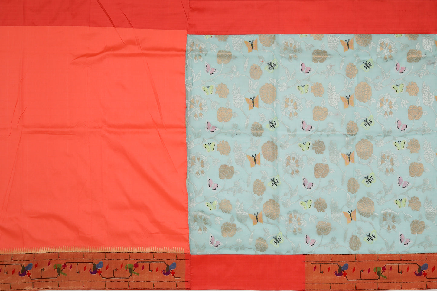 Kota Silk Tissue Jamdani Sky Blue Saree With Attached Akruthi Paithani Border