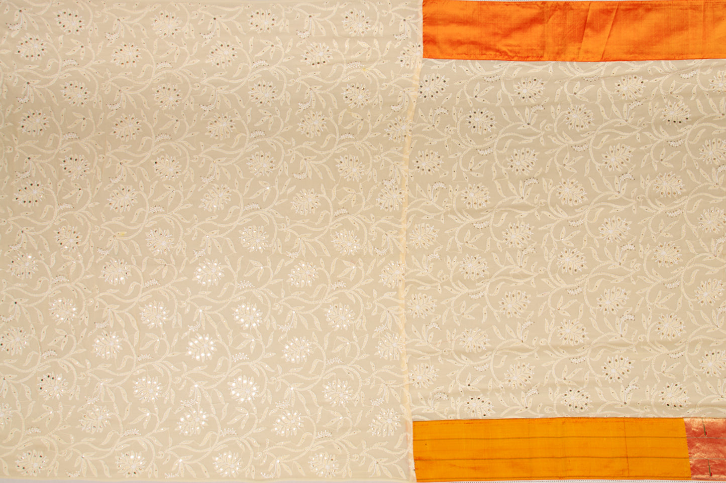 Lucknow Chikankari Georgette Cream Saree With Attached Triple Muniya Paithani Border