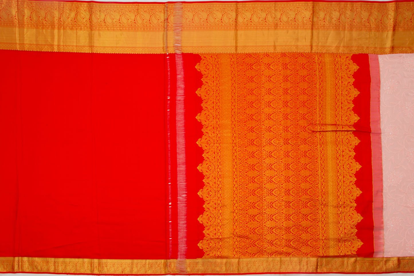 Lucknow Chikankari Georgette Peach Saree With Kanchi Border