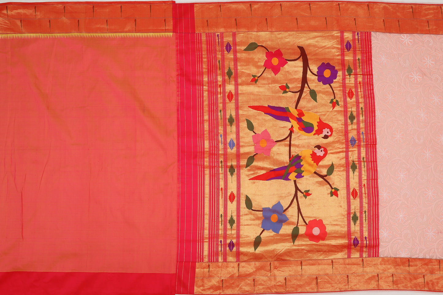 Lucknow Chikankari Georgette Pink Saree With Attached Paithani Border