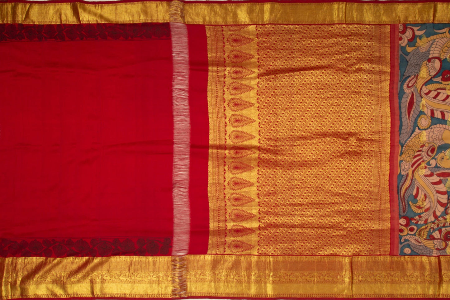 Kanchipuram Silk Kalamkari Hand Painted Blue Saree