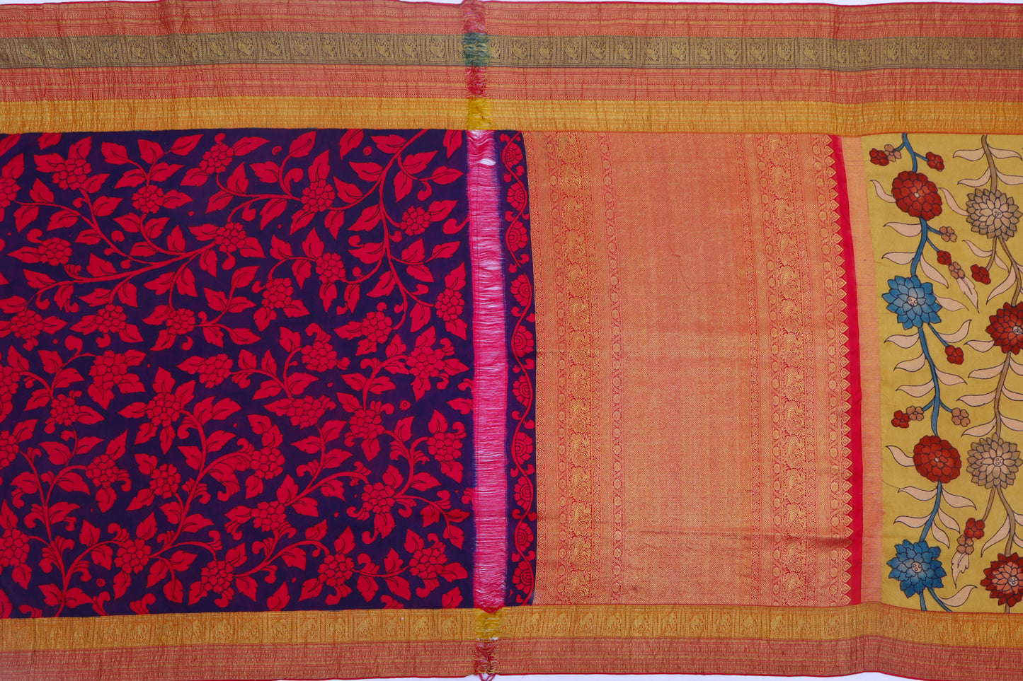 Kanchipuram Silk Kalamkari Hand Painted Yellow Saree