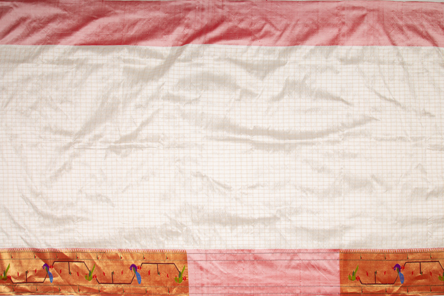 Paithani Silk Checks White Saree With Akruthi Border