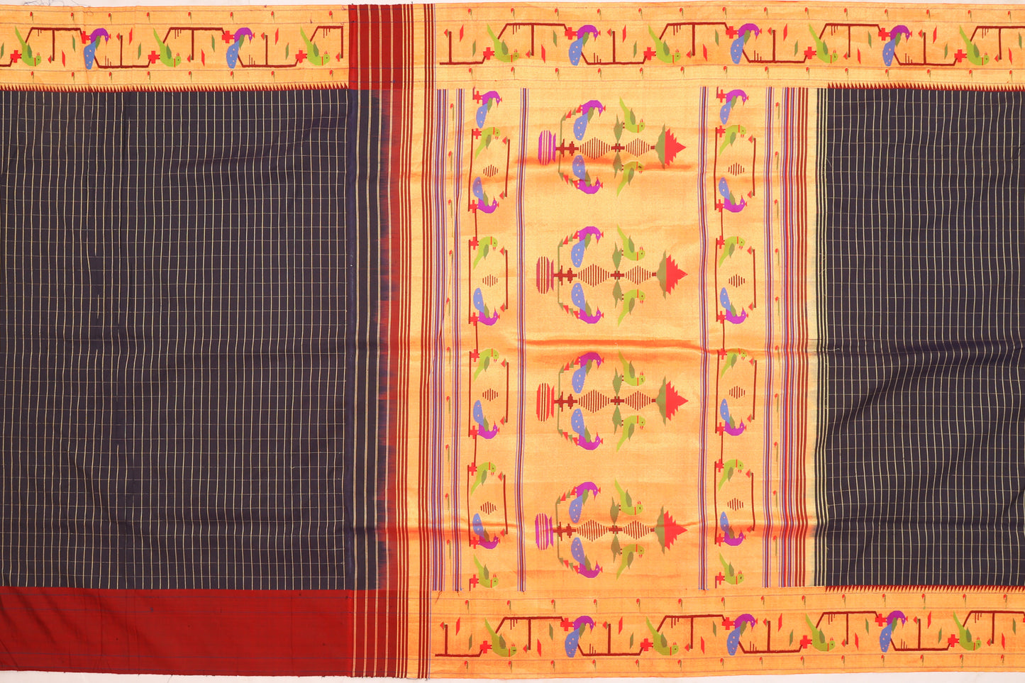Paithani Silk Checks Black Saree With Akruthi Border
