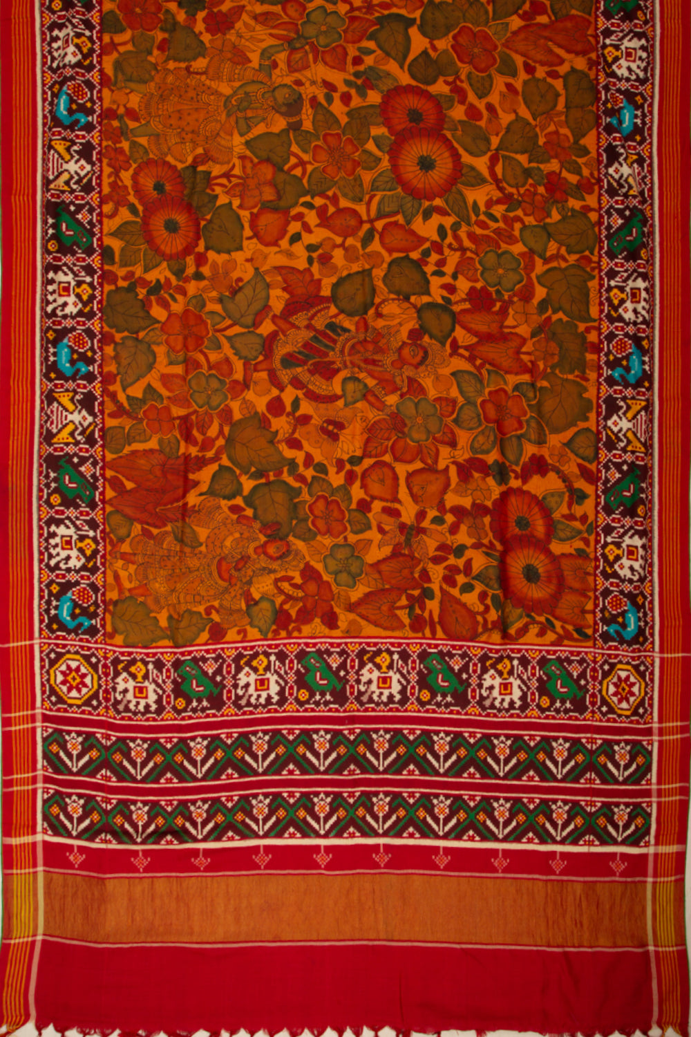 Patan Patola Silk Ikat Kalamkari Mustard Yellow Saree