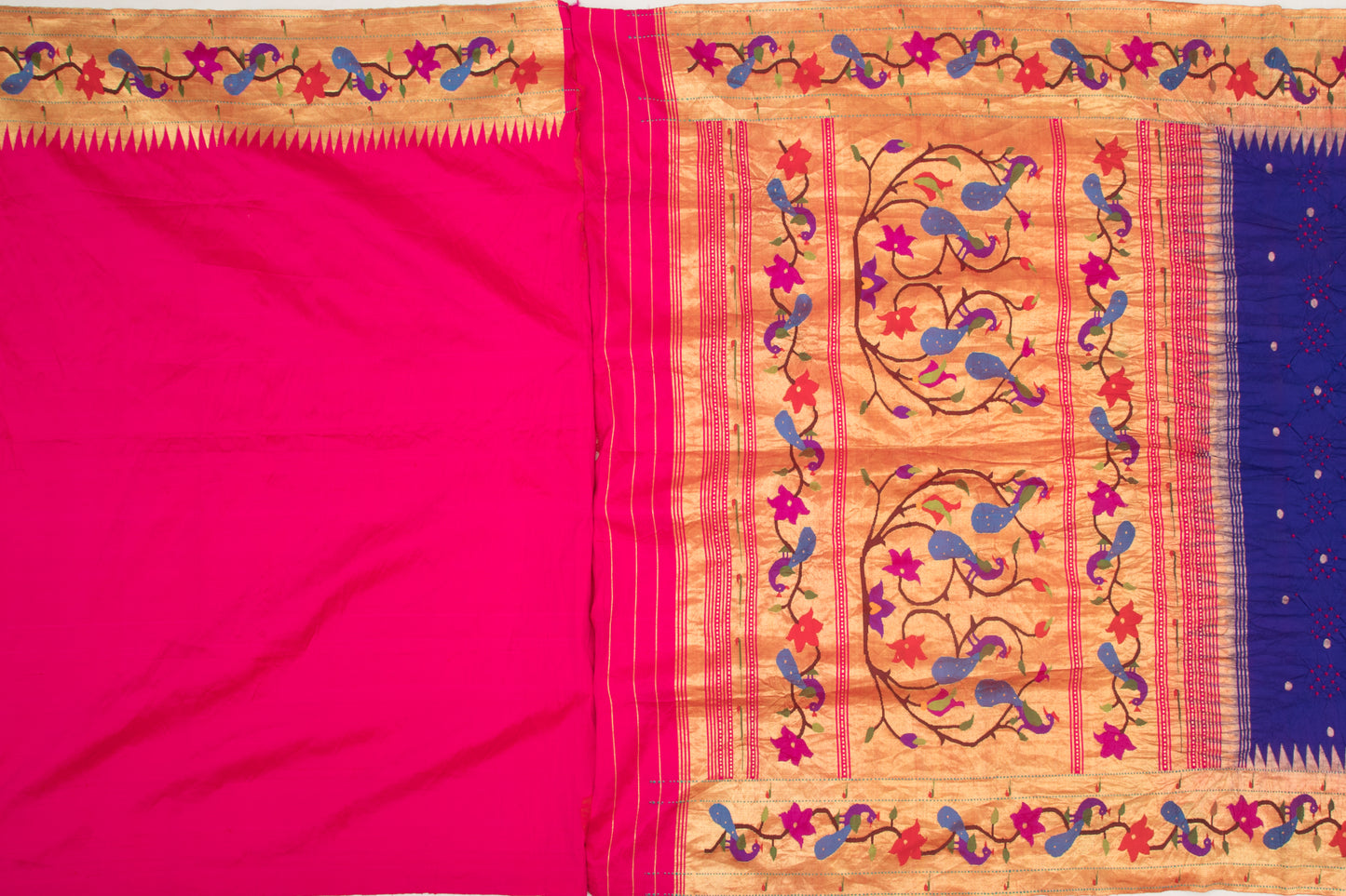 Paithani Silk Bandhani Butta Dark Blue Saree With Peacock Border