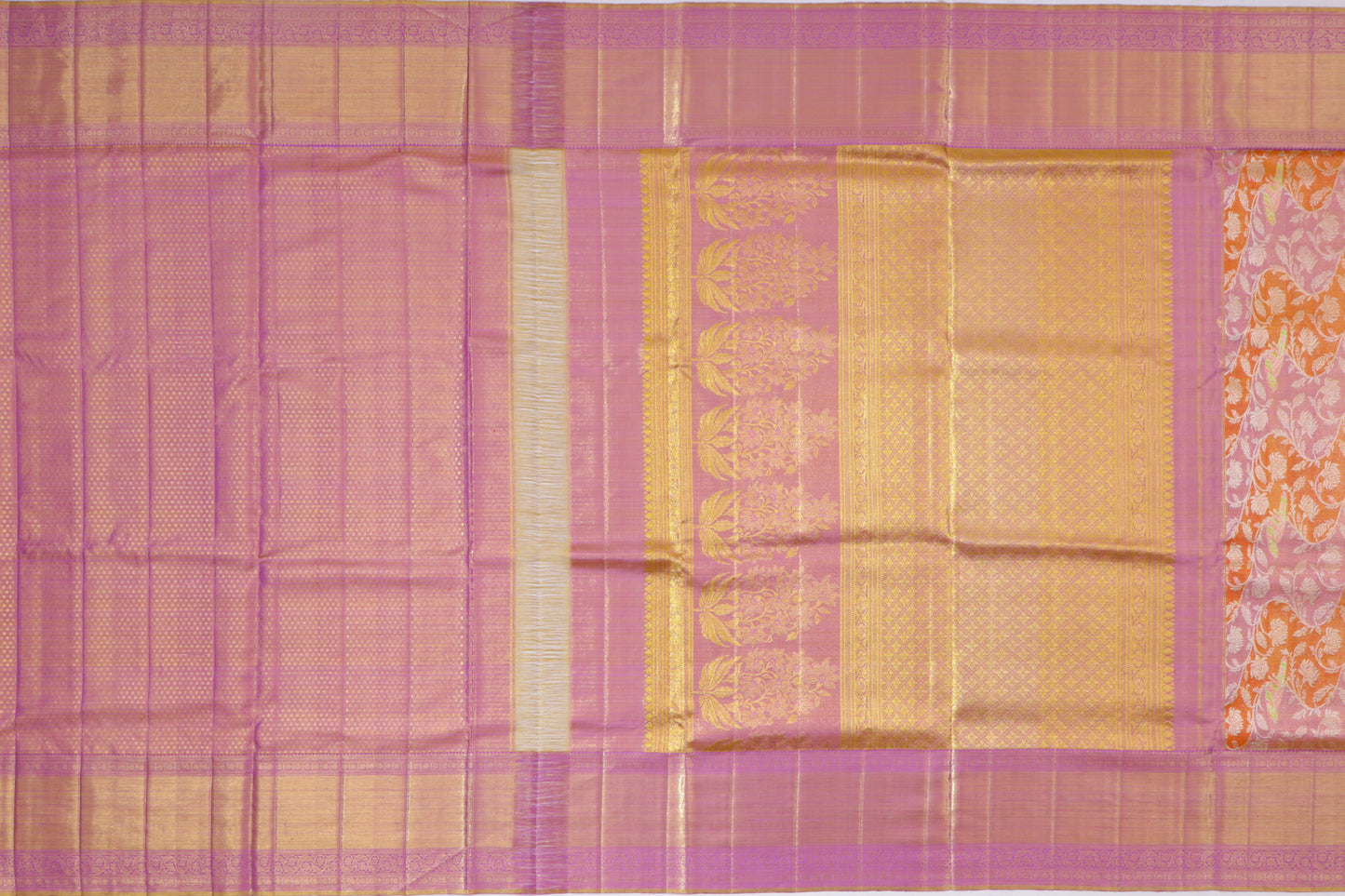 Kanchipuram Silk Jaal Tissue Lavender and Orange Saree