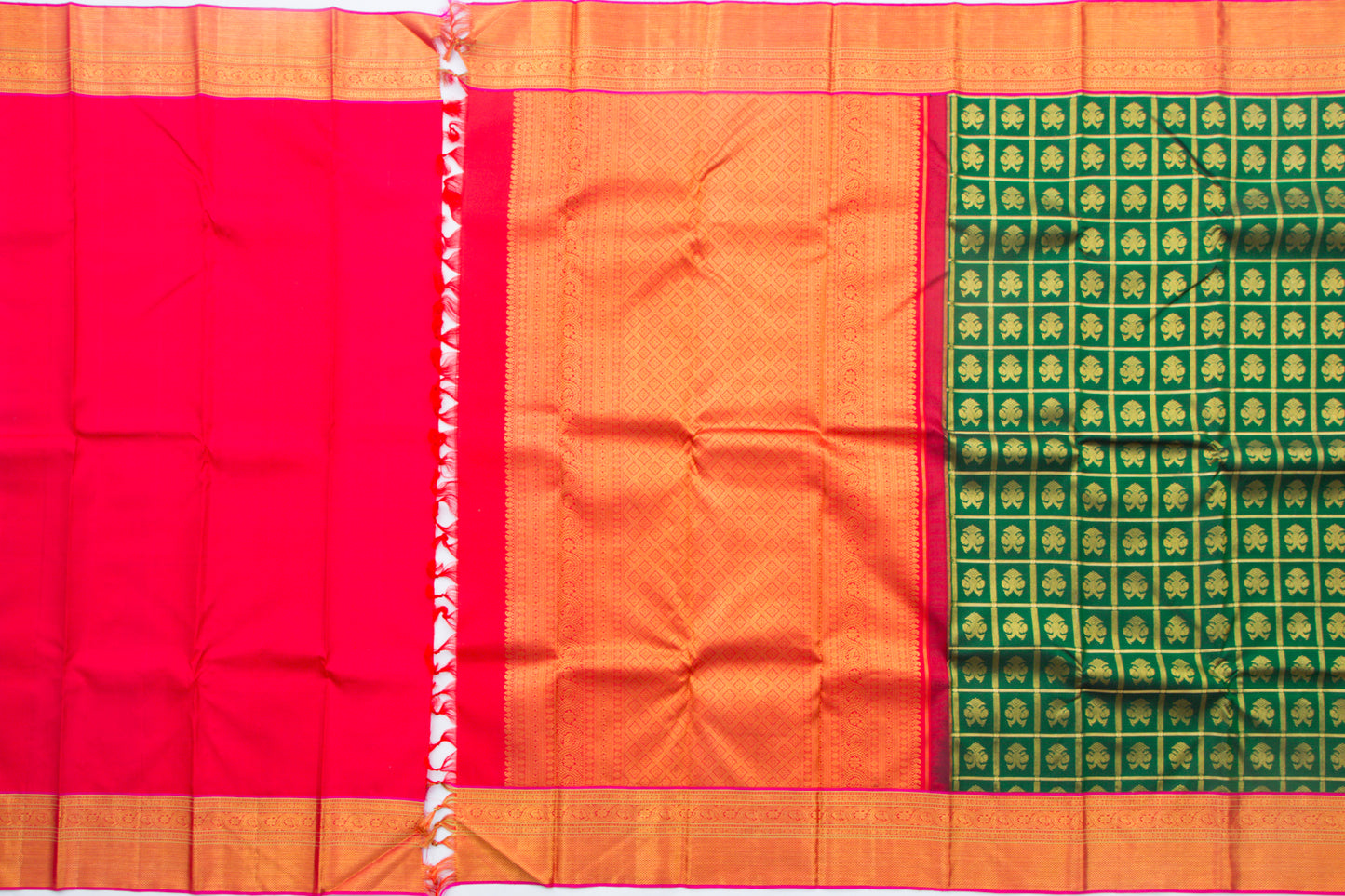 Kanchipuram Silk Checks And Butta Bottle Green Saree