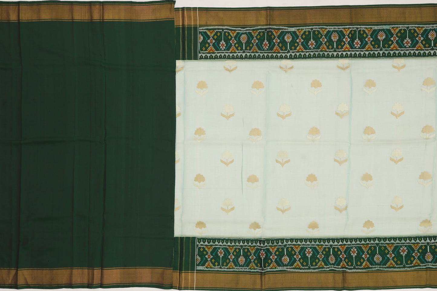 Banarasi Kora Organza Tissue Butta Pastel Green Saree With Attached Ikat Border