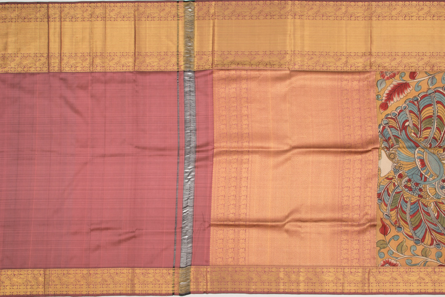 Kalamkari Silk Hand Painted Mustard Yellow Saree With Attached Kanchi Border