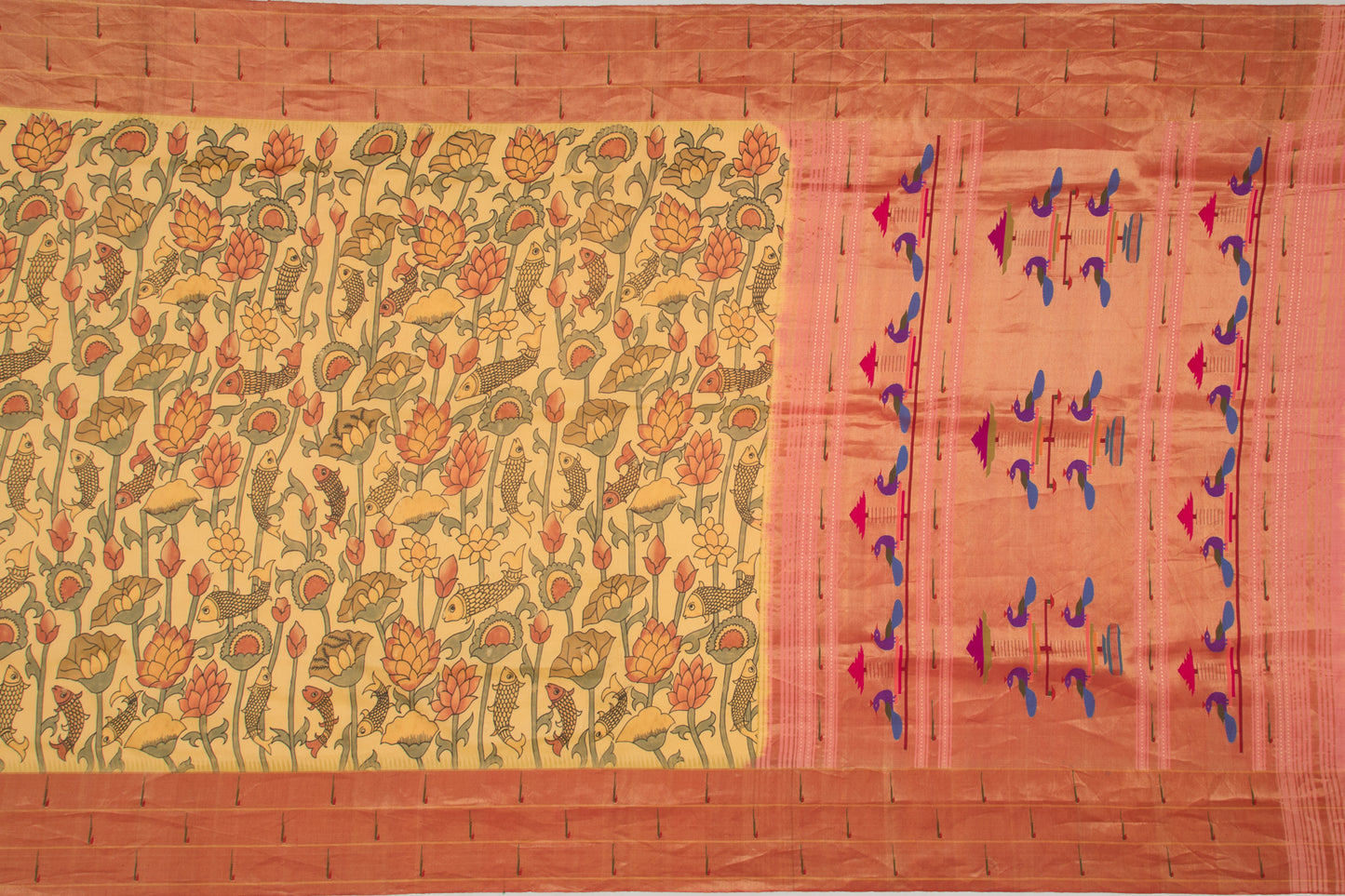 Paithani Silk Printed Pastel Yellow Saree With Triple Muniya Border