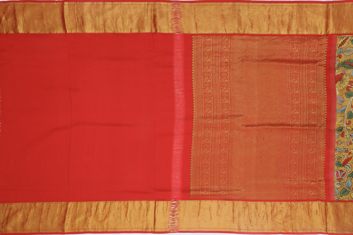 Kanchipuram Silk Kalamkari Hand Painted Cream Saree