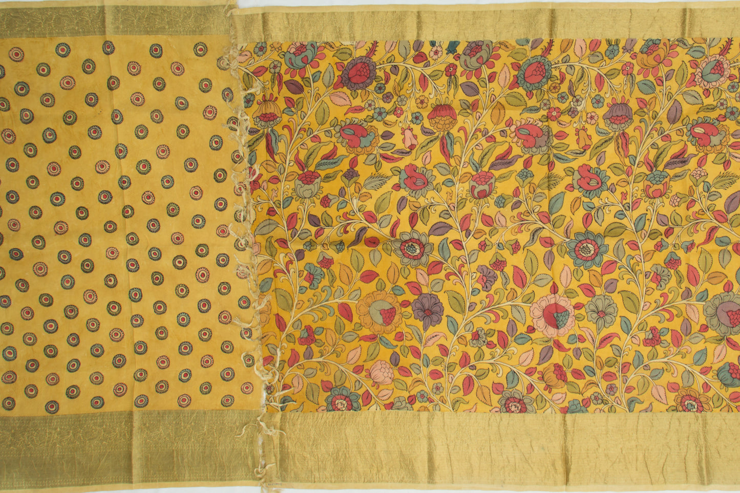 Kanchipuram Silk Hand Painted Kalamkari Yellow Saree