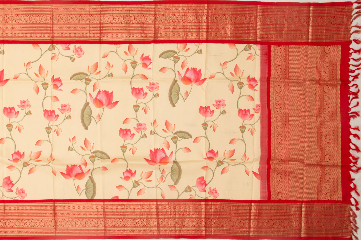 Kanchipuram Silk Floral Printed Cream Dupatta