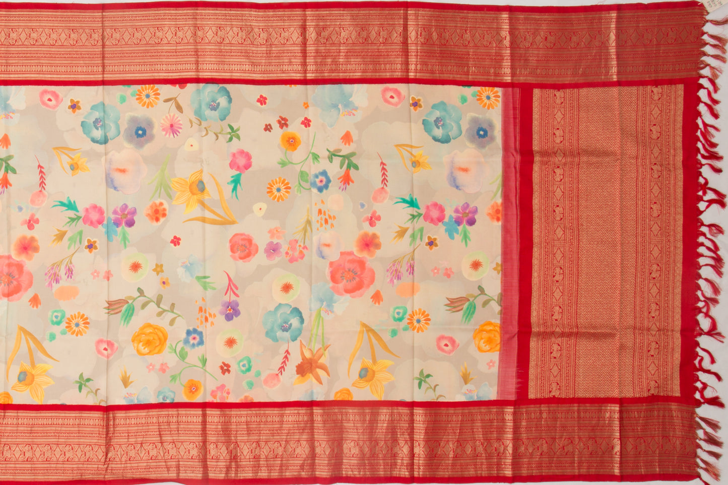 Kanchipuram Silk Floral Printed Cream Dupatta