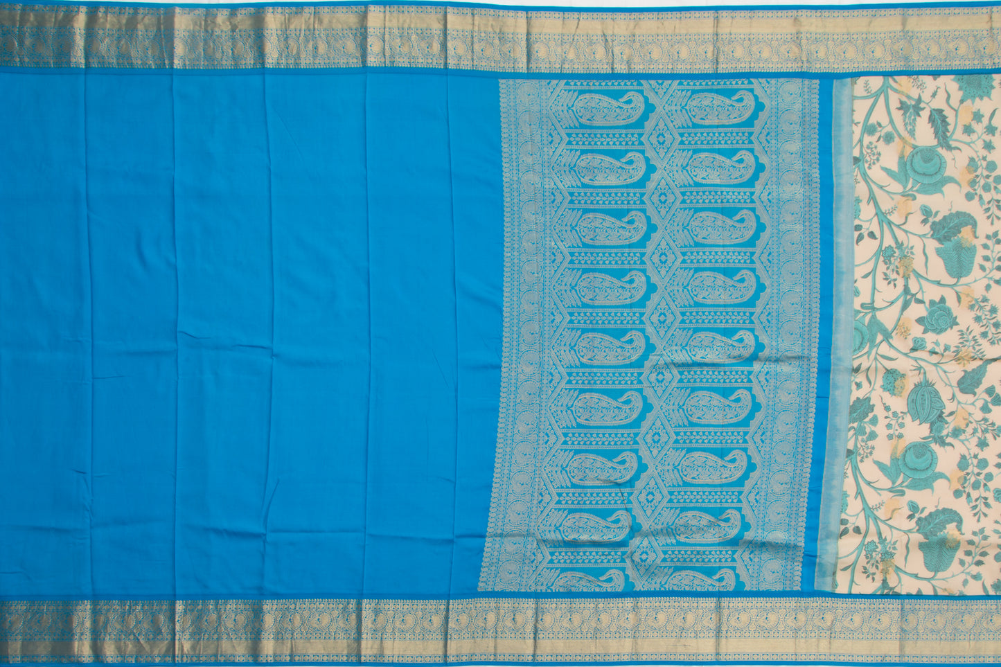 Kanchipuram Silk Floral Printed Cream Saree