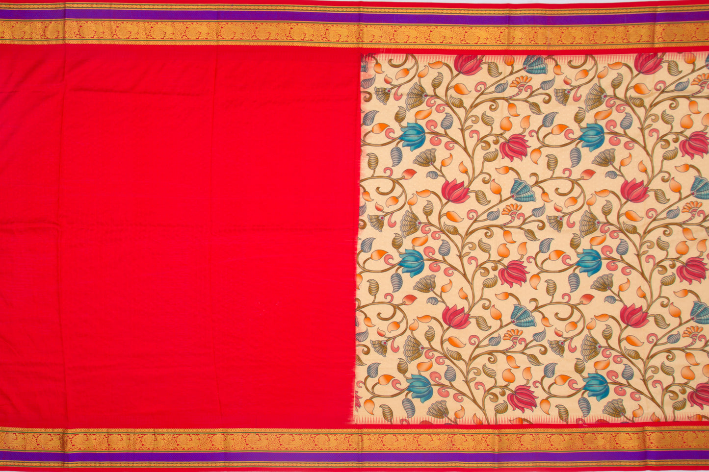 Kanchipuram Silk Jacquard And Floral Printed Cream Saree