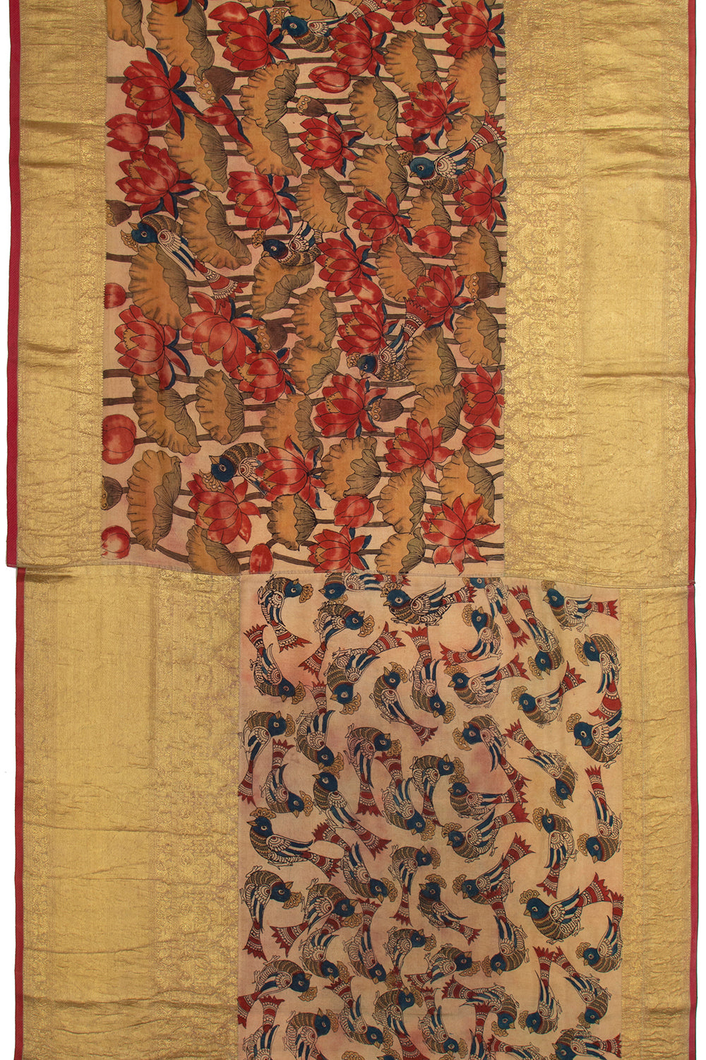 Kanchipuram Silk Kalamkari Beige Gold Saree - Not Allowed Online