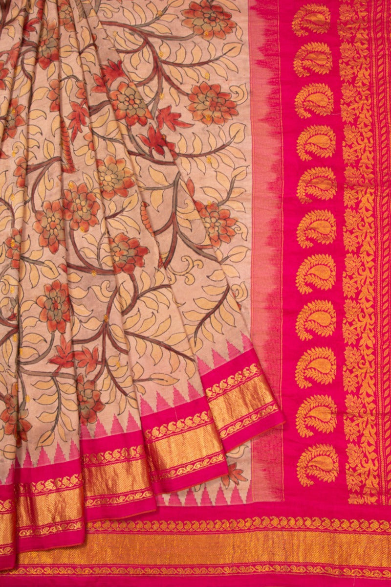 Kanchipuram Silk Kalamkari Peach Saree