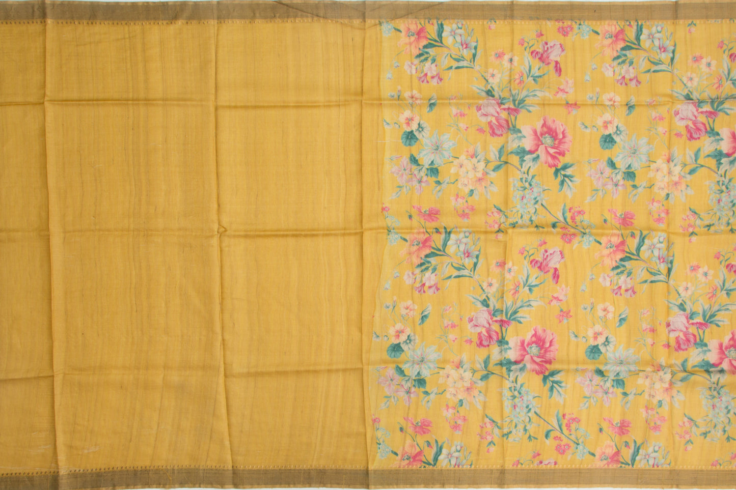 Tussar Floral Printed Yellow Saree
